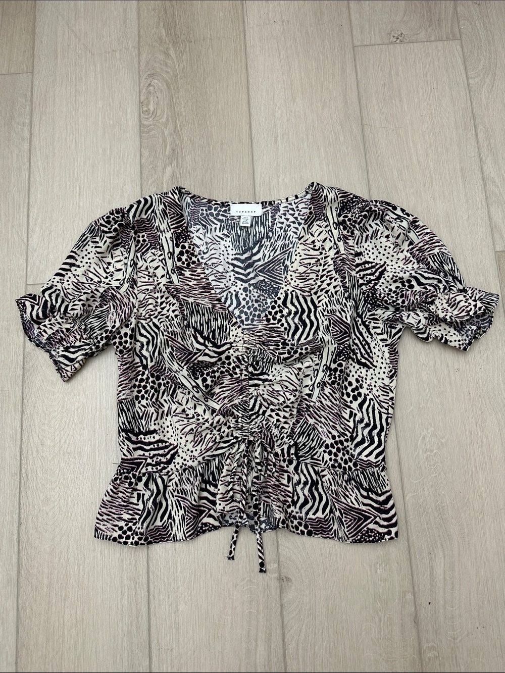 Topshop Black & Cream Drawstring Animal-Print Blouse